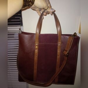 Fossil Kingston Burgundy and Brown Suede Leather Tote Bag